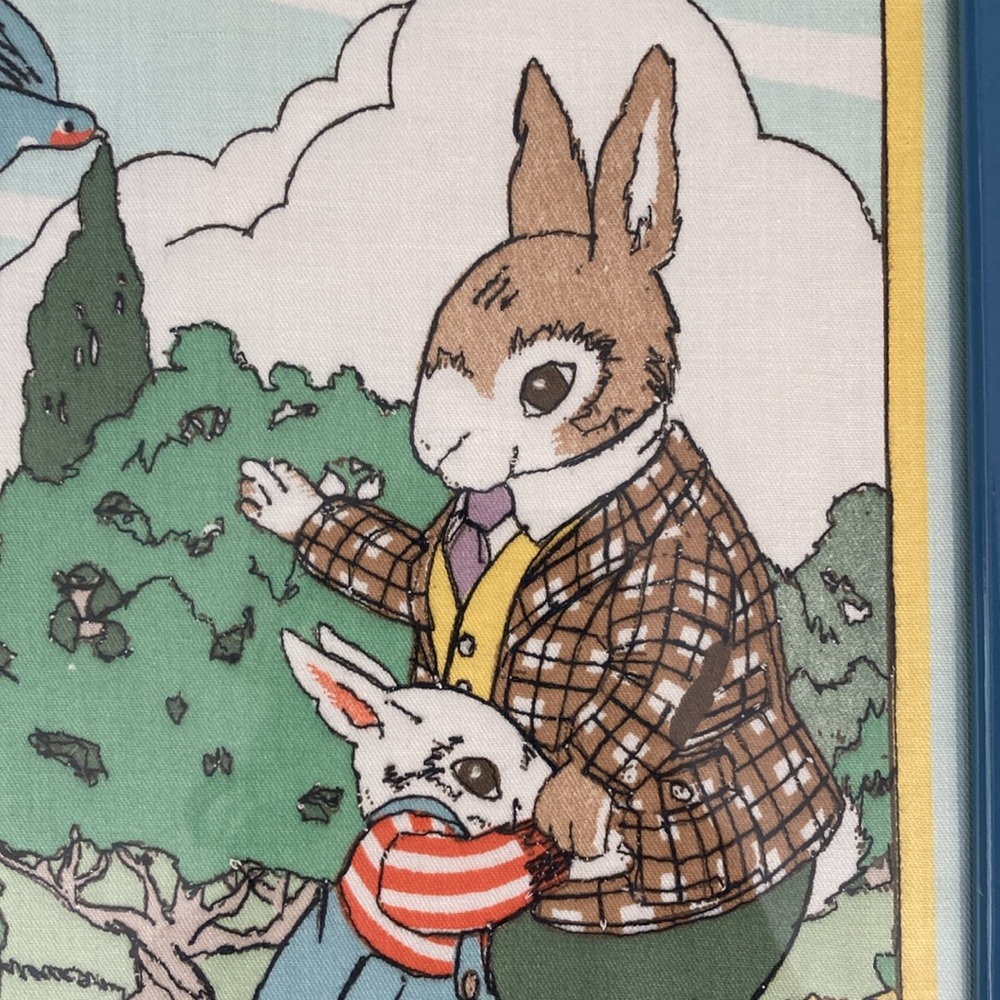 Vintage Framed Cyrus Clark stitched screen print rabbit garden scene - Picture 2 of 15
